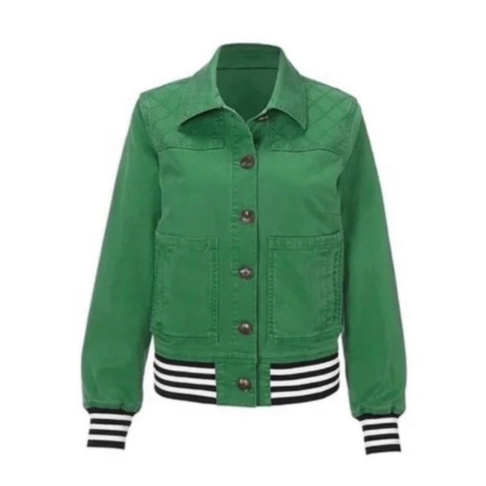 Cabi Varsity Jacket Womens XS Green Excellent Quilted Striped Trim